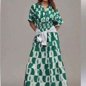 Anthropologie Emerald and White Geometric The Somerset Maxi Dress